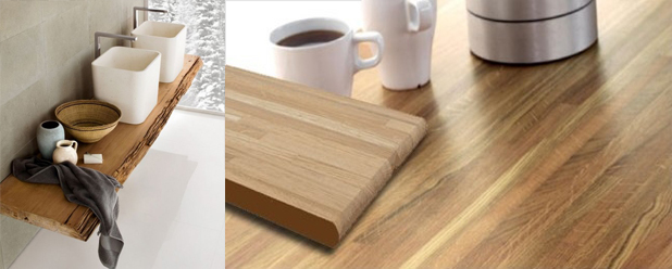 Houten bladen in de keuken en badkamer